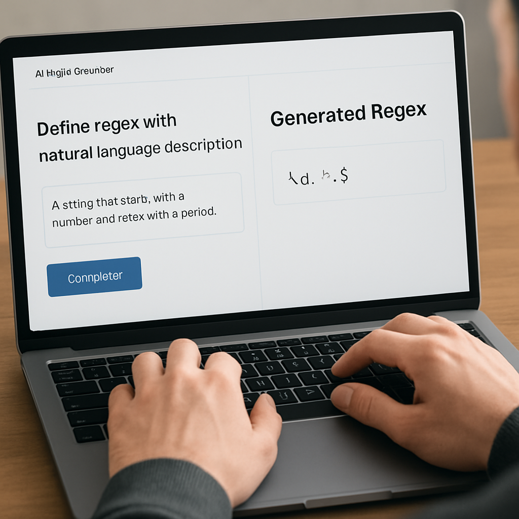 A developer typing a natural‑language description into a web UI, with a split view showing the generated regex beside it. Alt: "Define regex with natural language description using AI tool"