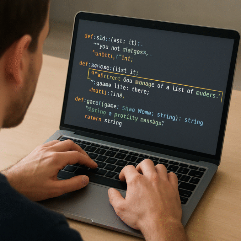 A developer reviewing Python function signatures on a laptop, highlighting type hints and docstrings. Alt: Analyze Python functions for test generation.