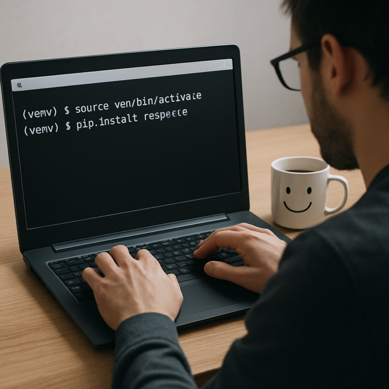 A developer sitting at a laptop, terminal window showing a virtual environment activation and a pip install command, with a friendly coffee mug beside the keyboard. Alt: Install required Python packages for curl to requests conversion.
