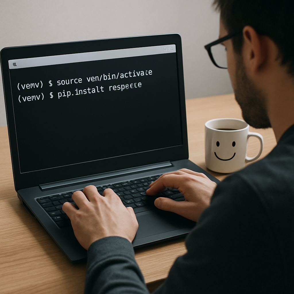 A developer sitting at a laptop, terminal window showing a virtual environment activation and a pip install command, with a friendly coffee mug beside the keyboard. Alt: Install required Python packages for curl to requests conversion.