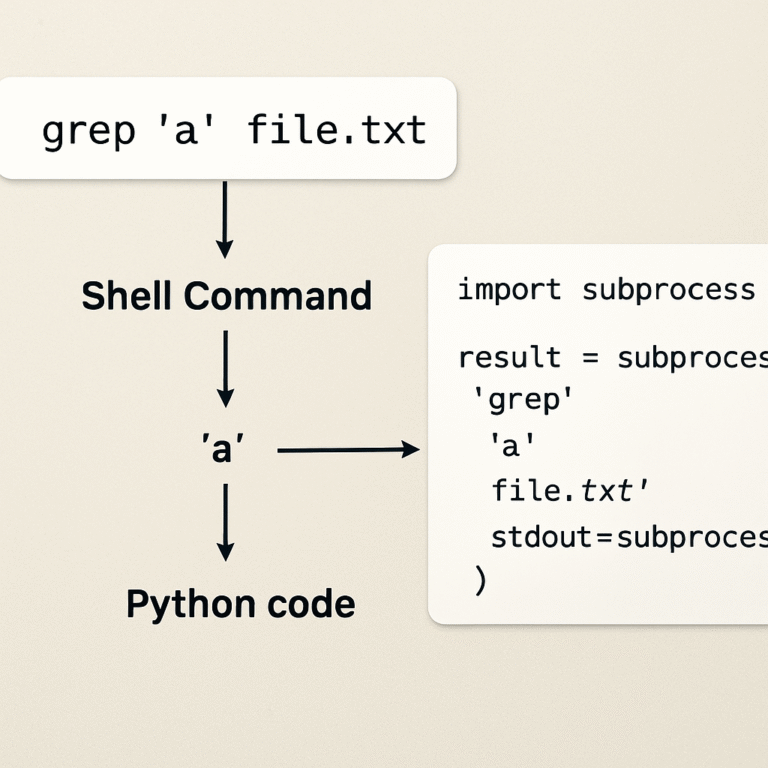 A clean illustration showing a shell command broken into parts with arrows pointing to equivalent Python code snippets. Alt: Diagram of shell command analysis for Python conversion.