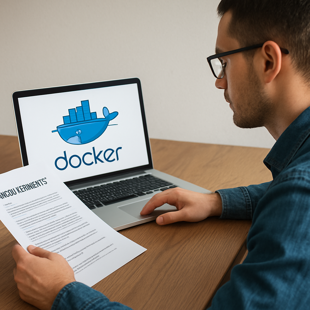 A developer sitting at a desk with a laptop, a printed requirements document, and a Docker logo on the screen. Alt: How to analyze requirements for Docker Compose file creation