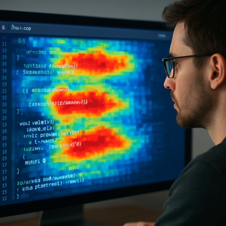 A high‑resolution illustration of a developer looking at a colorful heat‑map of C++ source code, with red hotspots indicating potential memory leaks. Alt: AI‑powered profiling heatmap for detecting memory leaks in C++