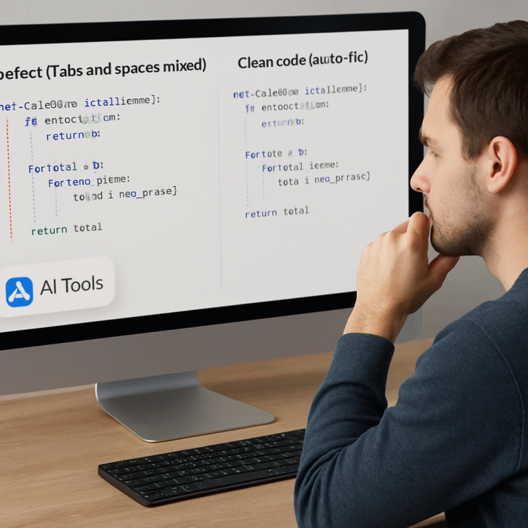 A developer looking at a Python file with mixed tabs and spaces highlighted, showing a clean code view after auto‑fix. Alt: Identify Python indentation issues with visual markers and AI tools.