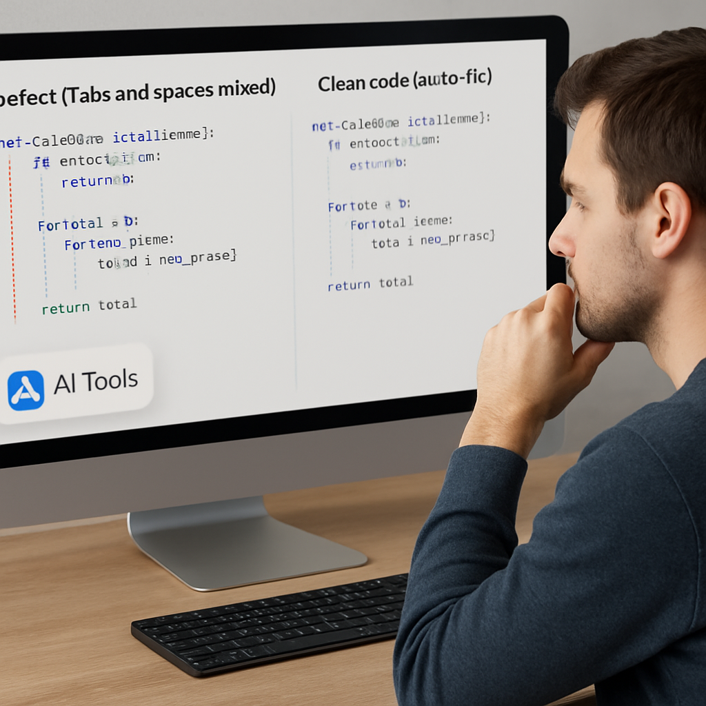 A developer looking at a Python file with mixed tabs and spaces highlighted, showing a clean code view after auto‑fix. Alt: Identify Python indentation issues with visual markers and AI tools.
