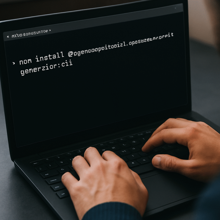 A developer installing OpenAPI Generator CLI on a terminal, showing npm install command. Alt: Install OpenAPI Generator CLI for TypeScript client generation.