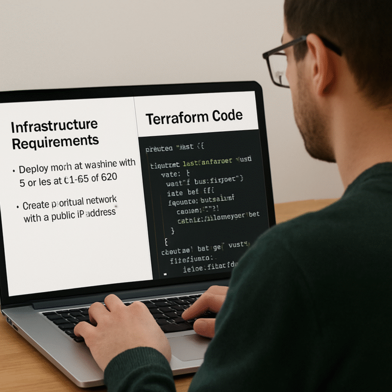 A developer sitting at a laptop, looking at a screen that shows a plain‑English cloud architecture description turning into Terraform code. Alt: Define infrastructure requirements in plain English for Terraform generation