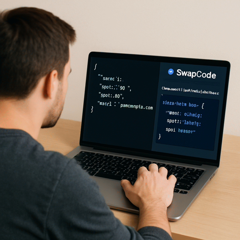 A developer sitting at a laptop with a JSON payload on the screen, the SwapCode interface generator open beside it, highlighting the generated TypeScript interface. Alt: Developer using online TypeScript interface generator to convert JSON to type-safe code.