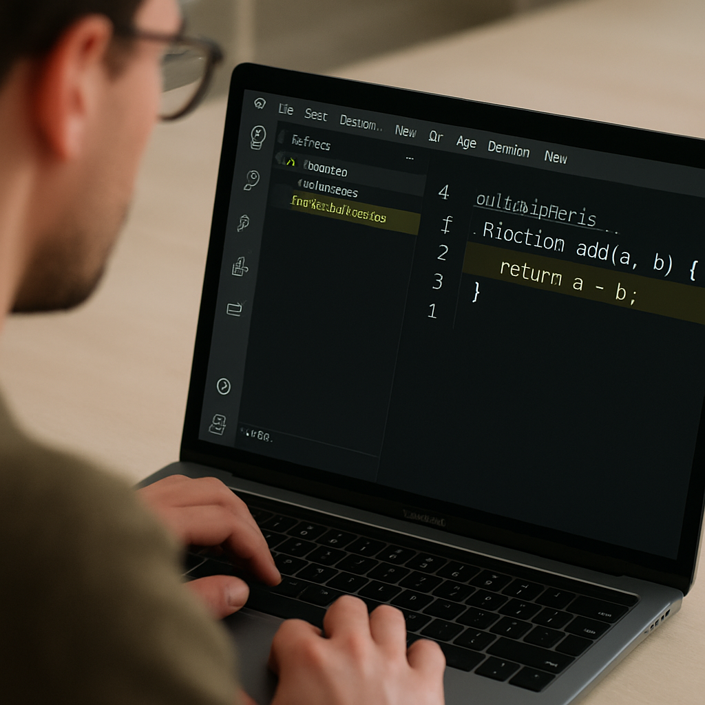 A developer sitting at a laptop with VS Code open, showing a highlighted function and an AI‑generated test file appearing in the sidebar. Alt: Setting up development environment for AI‑powered test generation with code editor and test output.
