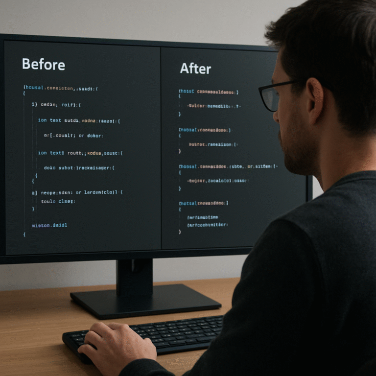 A developer reviewing split functions on a monitor, showing before and after code snippets. Alt: refactor long functions into smaller ones automatically.