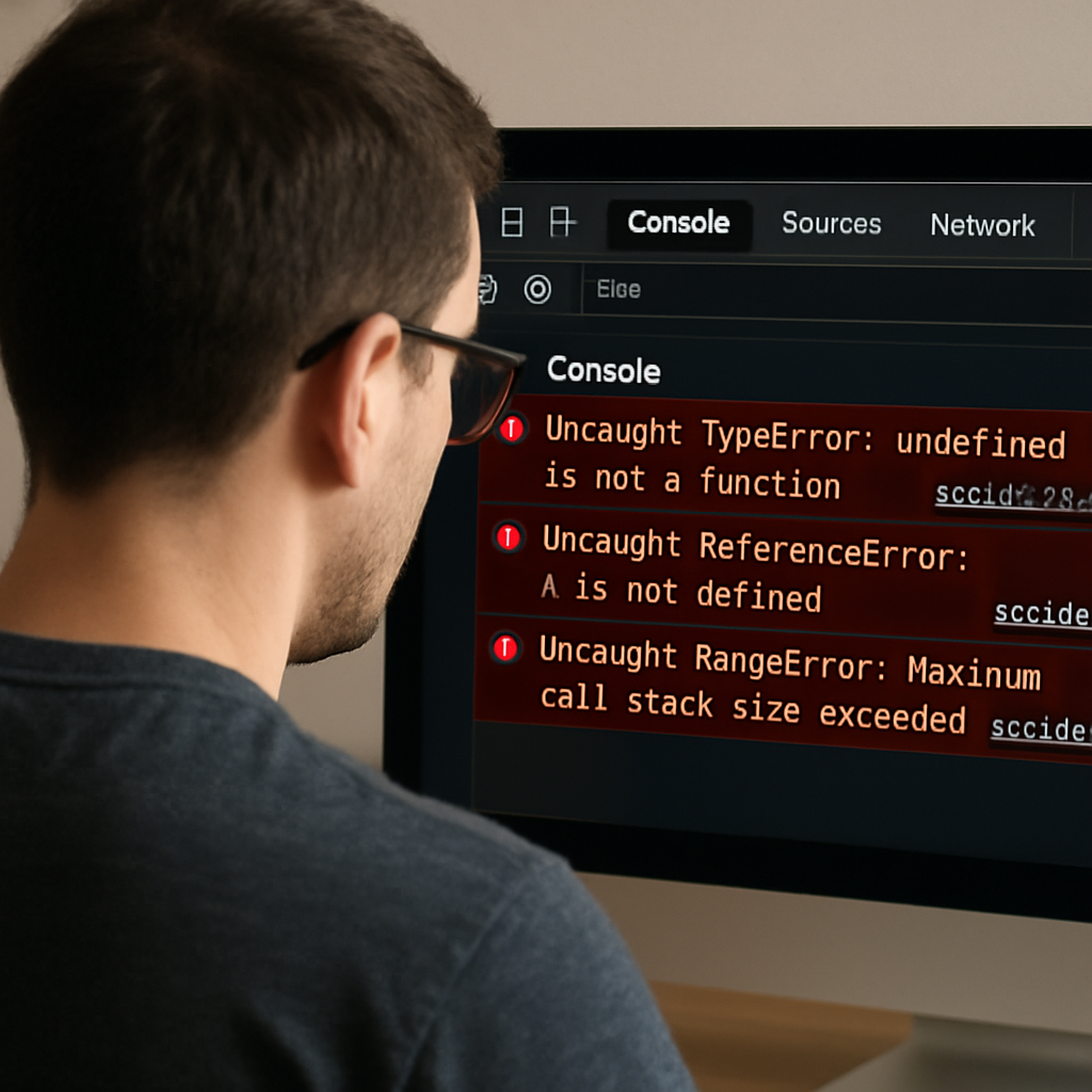 A developer looking at a browser console with highlighted JavaScript error messages, focusing on the error type line. Alt: JavaScript error type identification in console