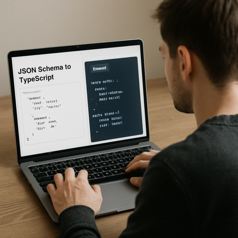 A developer sitting at a laptop, looking at a browser window with a JSON Schema to TypeScript conversion tool, code snippets visible on screen. Alt: JSON Schema to TypeScript online generator illustration