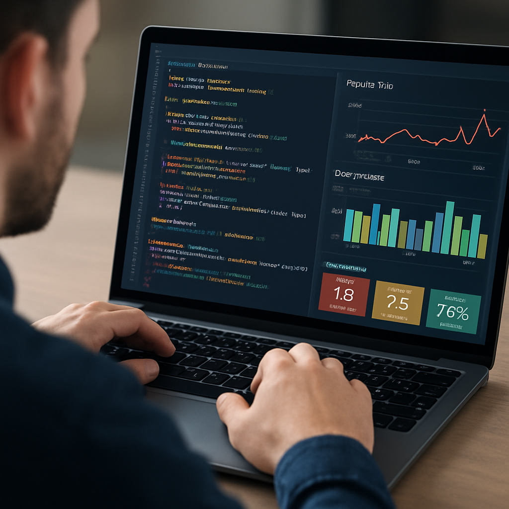 A developer reviewing a colorful code analysis dashboard on a laptop, with highlighted lines of code and performance graphs. Alt: AI code refactoring analysis dashboard showing code hotspots and metrics.