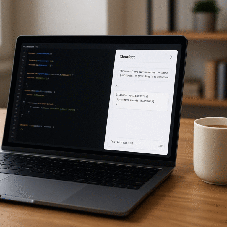 A modern developer workspace with a laptop displaying code, a chatbot window showing a natural language prompt, and a coffee mug. Alt: code generator AI turning plain English into code snippet.