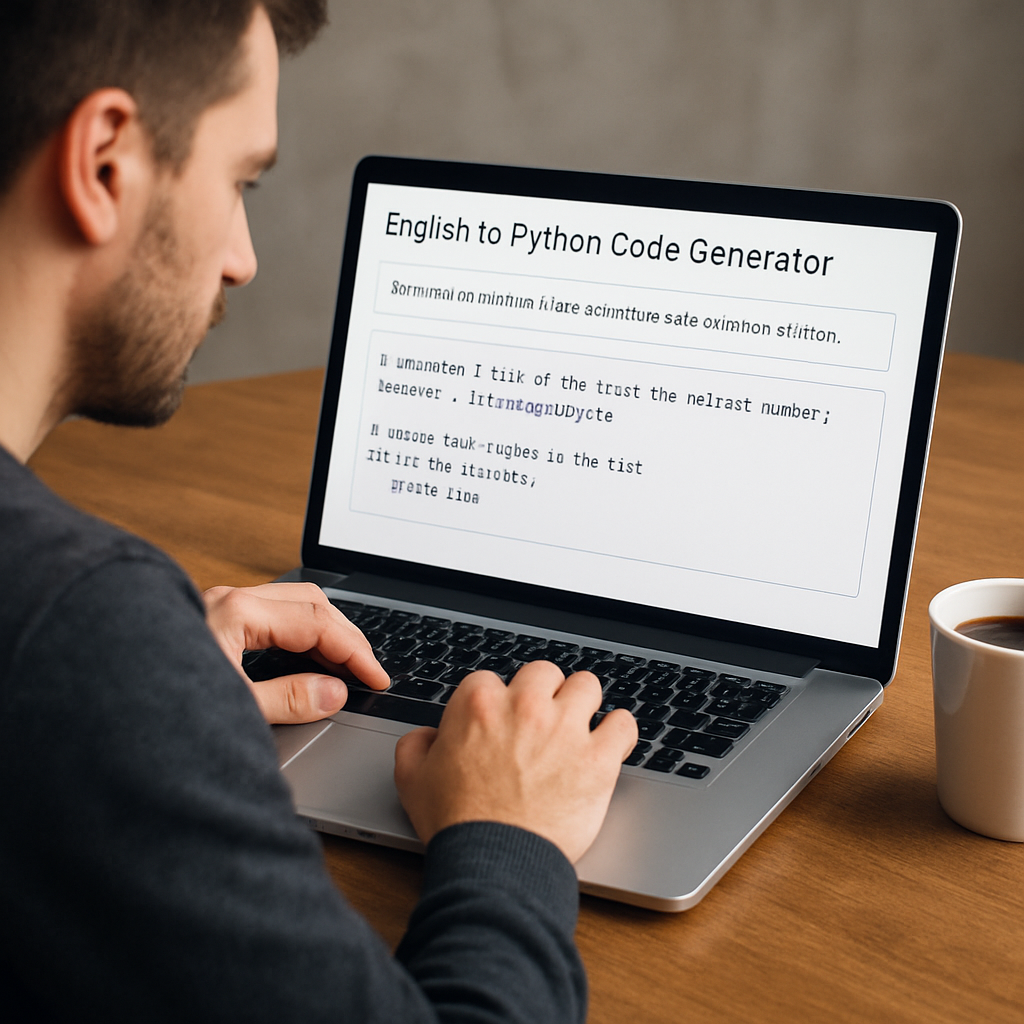 A developer sitting at a laptop, looking at a clean Python script generated from plain English, with a coffee mug nearby. Alt: English to Python code generator online producing ready-to-run Python code.