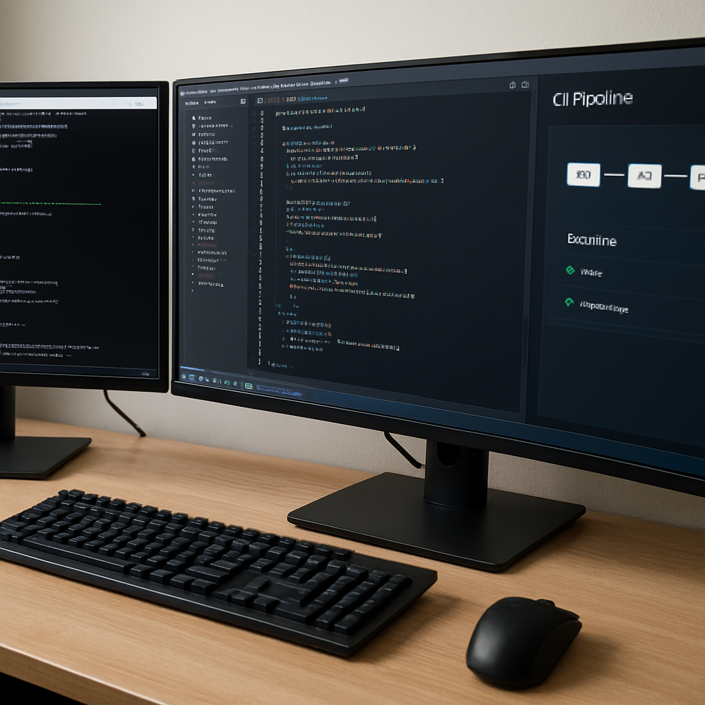 A developer’s workstation with multiple monitors displaying a terminal, VS Code, and a CI pipeline dashboard. Alt: "ai unit test generator development environment setup"