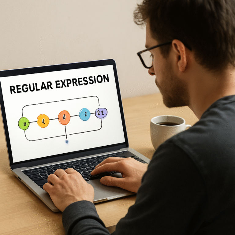 A developer sitting at a laptop, looking at a colorful regular expression diagram on the screen, with coffee beside them. Alt: Understanding regex basics with AI assistance
