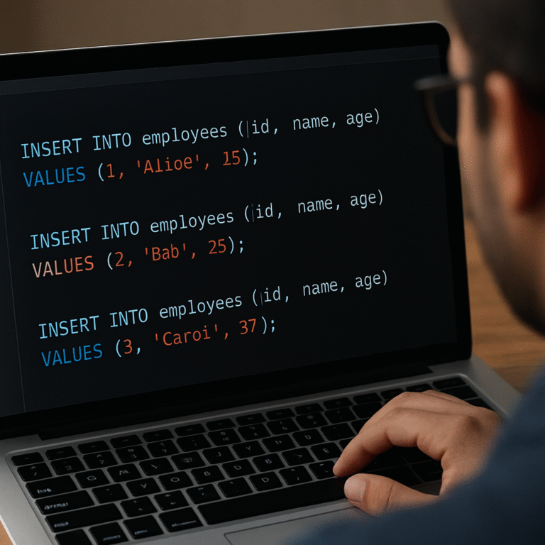 A developer reviewing generated SQL INSERT statements on a laptop screen, showing highlighted syntax errors. Alt: csv to sql insert statements generator online review process