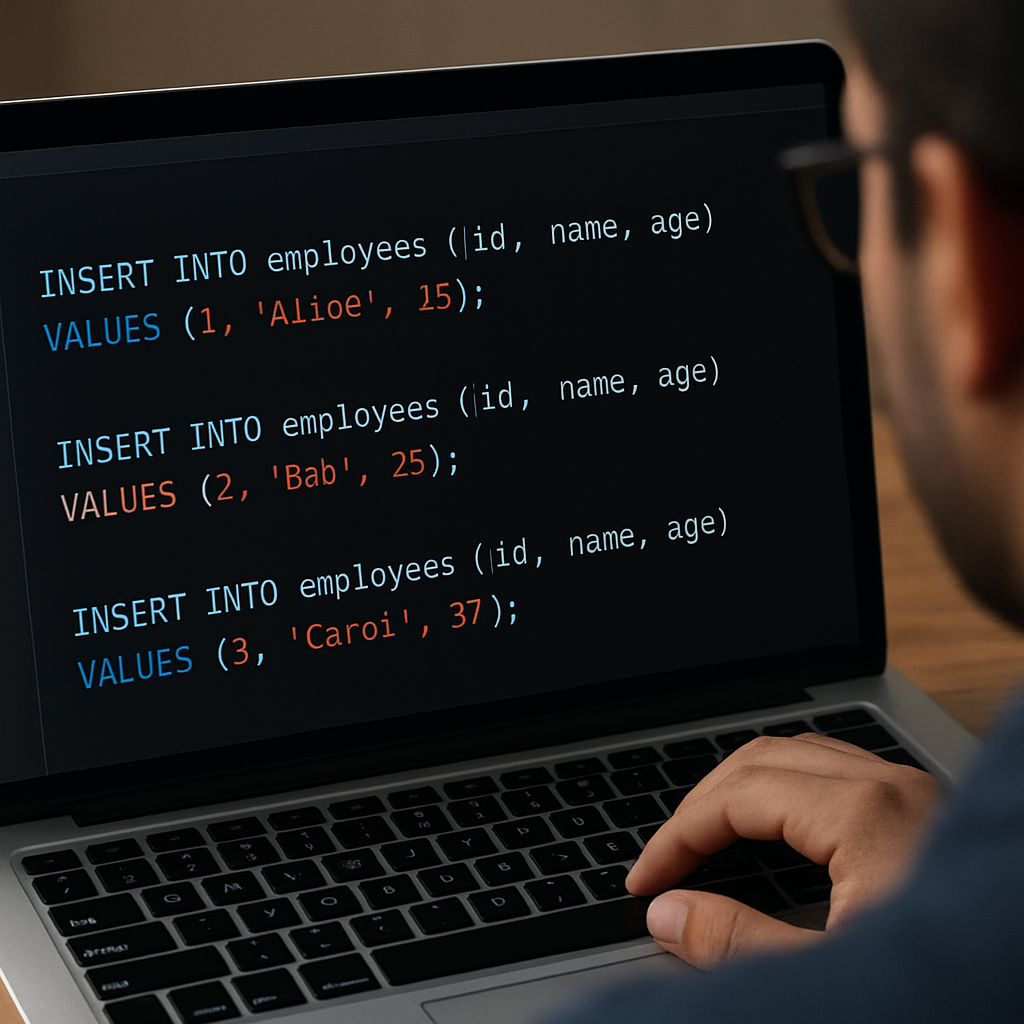 A developer reviewing generated SQL INSERT statements on a laptop screen, showing highlighted syntax errors. Alt: csv to sql insert statements generator online review process