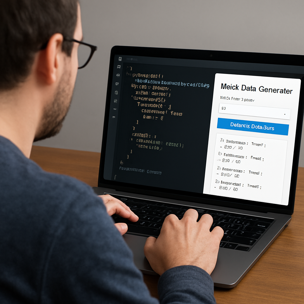 A developer sitting at a laptop, looking at a JSON schema in a code editor, with a mock data generator UI on the screen. Alt: Understanding JSON schema basics for mock data generation
