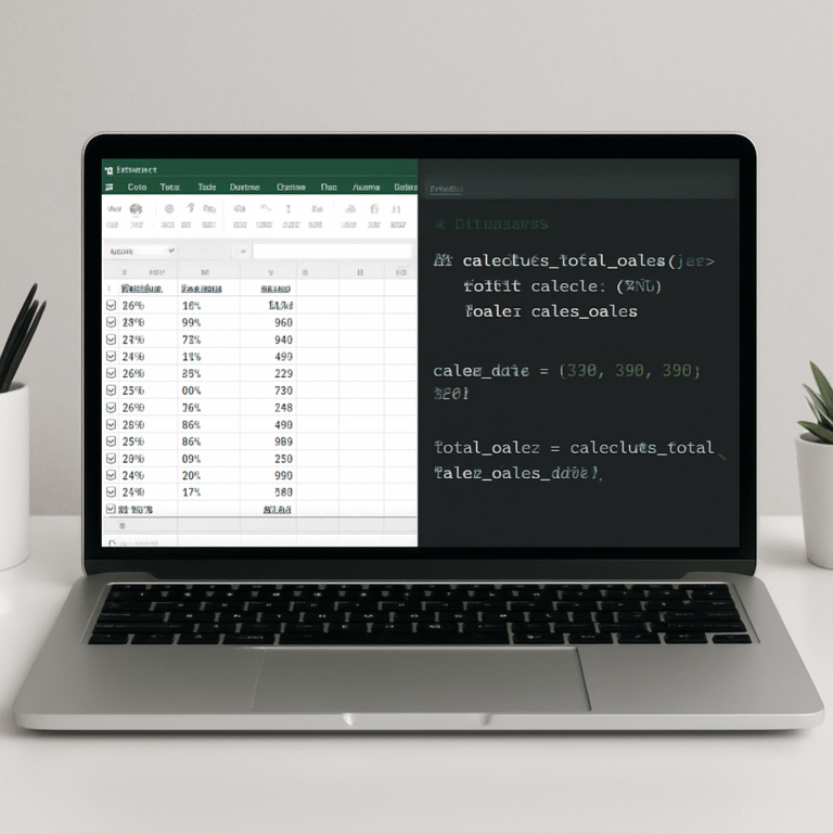 A clean, modern workspace showing a laptop screen with an Excel sheet on one side and Python code on the other, illustrating the transition from spreadsheet formulas to Python functions. Alt: Excel formulas to Python code conversion workflow illustration.