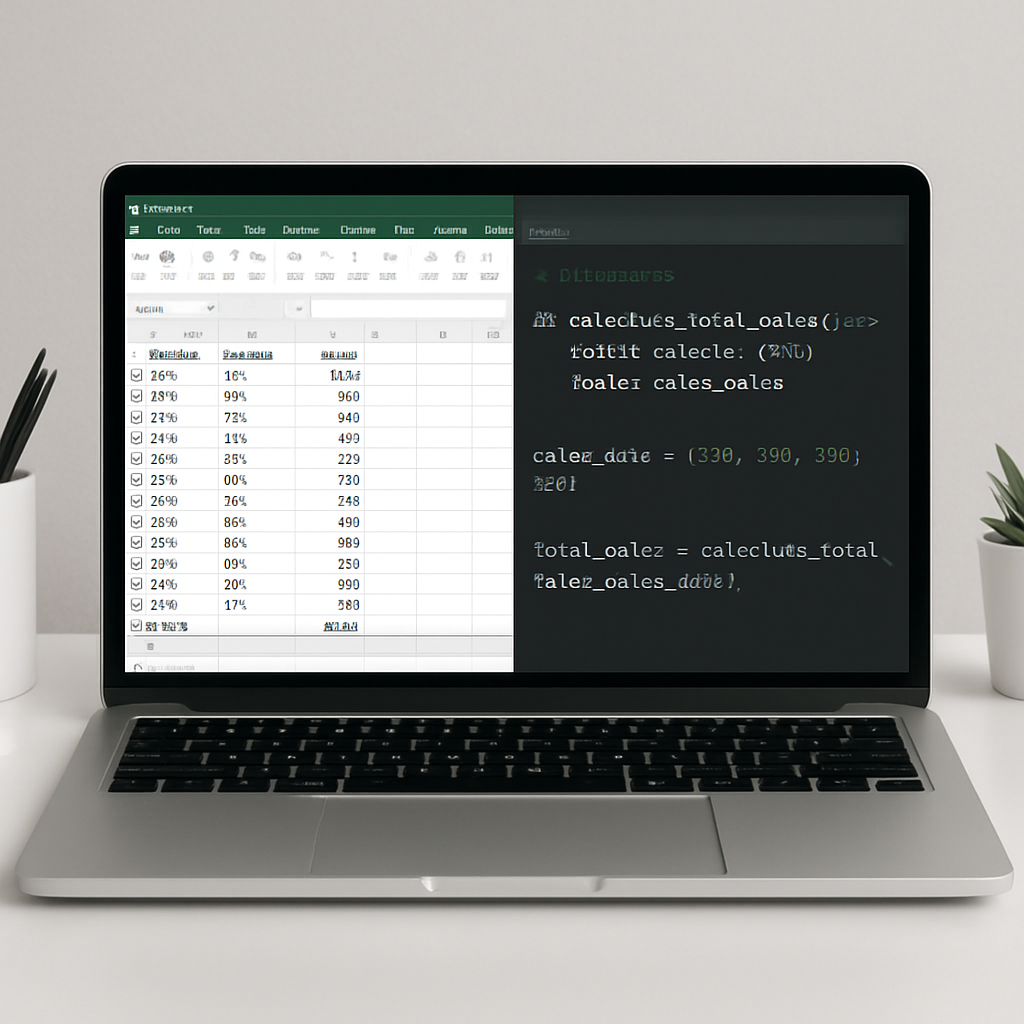A clean, modern workspace showing a laptop screen with an Excel sheet on one side and Python code on the other, illustrating the transition from spreadsheet formulas to Python functions. Alt: Excel formulas to Python code conversion workflow illustration.